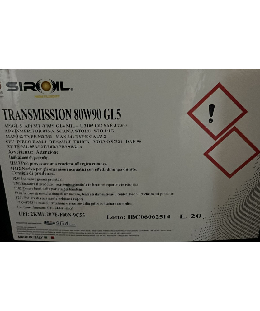 OLIO EP 80W90 20LT GEAR MINERAL          API GL-5 MIL L-2105D